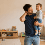 man with tension picking up his toddler