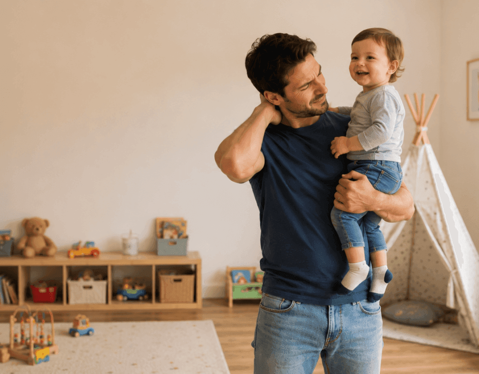 man with tension picking up his toddler